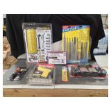 Assorted Hardware and Automotive Tool Lot including Pneumatic Accessories, File Set, and Chalk Lines