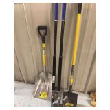 Assorted Yard and Garden Tools Including Shovels and Post Hole Digger