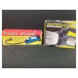 Sunforce 12 Volt AC DC Rechargeable 2 Million Candle Power Spotlight and Foot Pump Lot