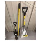 Assorted Yard and Garden Hand Tools Including Aluminum Scoop Shovel and Mini Shovel