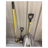 Assorted Long-Handled Yard Tools Including Aluminum Scoop Shovel and Garden Shovel