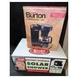 Max Burton Coffee To Go and Zodi Outback Gear Battery Powered Solar Shower