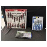 Assorted Hand Tool Sets Including Hyper Tough Screwdriver Set, Kobalt Pliers Set, and Pittsburgh Socket Set