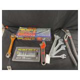Assorted Hand Tool Assortment Including Pittsburgh Combination Wrench Set, Socket Set, and Adjustable Wrenches