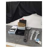 Assorted Hardware and Tool Lot Including Drill Bits, Wrenches, and Eye Bolts