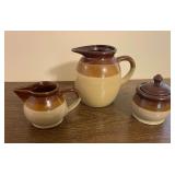 3-Piece Ceramic Pitcher, Creamer, and Sugar Bowl Set in Brown and Tan Glaze