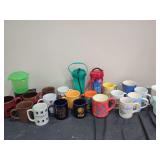 Assorted Collection of Ceramic Mugs and Plastic Travel Tumblers