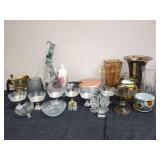 Mixed Decorative Home Goods Assortment Including Glassware, Brass Candlestick, and Ceramics