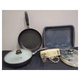 Kitchenware Assortment Including Electric Hand Mixer, Baking Pans, Skillets, and Lids