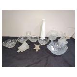 Mixed Collection of Glassware Including Milk Glass Vase, Star Figural Candle Holder, and Patterned Bowls