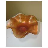 Iridescent Glass Ruffled Bowl with Grape Vine Pattern