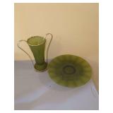Green Glass Vase with Metal Stand and Matching Plate