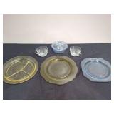 Assorted Pressed Glass Tableware Grouping Featuring Yellow and Blue Pieces