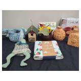 Assorted Home Decor and Kitchenware Grouping including Dolly Parton Pie Pans and Tablecloth
