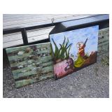 Two Large Canvas Wall Art Pieces Including Mexican Folk Scene and Abstract Slats