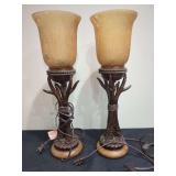 Pair of Lodge Style Resin Antler Table Lamps with Amber Crackle Glass Shades