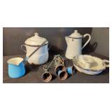 Assorted Enamelware Kitchen Items and Decorative Bells