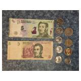 Assorted World Currency and Coins Featuring Susan B. Anthony Dollars and Argentine Pesos