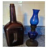 Cobalt Blue Glass Oil Lamp and Hiram Walker & Sons Liquor Bottle