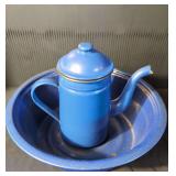 Blue Enamelware Coffee Pot and Basin Set