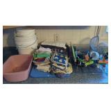 Kitchen Utility Lot with Buckets, Dish Rack, Linens, and Tools