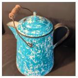 Blue and White Marbled Enamelware Coffee Pot with Bail Handle