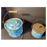 2 Blue and White Enamelware Ice Buckets with Lids