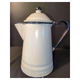 White Enamelware Coffee Pot with Blue Trim