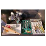 Assorted Kitchen Utensils, Flatware, and Organizer Trays