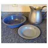 Dura-Ware 2.5 Quart Aluminum Pitcher and Enamelware Colander and Plate