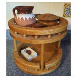 Turned Wooden 2 Tier Stand Display with Assorted Handcrafted Wooden Items and Pottery Mug