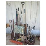 Assorted Long-Handled Tools, Brooms, and Shop Supplies