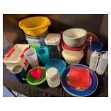 Assorted Plastic Food Storage Containers and Kitchen Accessories