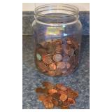 Large Glass Jar Filled with Assorted United States Pennies