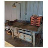 Industrial Metal and Wood Workbench with Vise, Dorman Hardware Cabinets, and Assorted Hand Tools