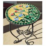 Round Mosaic Table with Floral Design and Metal Base