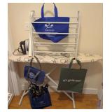 Household Laundry and Utility Lot with Ironing Board, Drying Rack, Iron, Hangers, and Maps