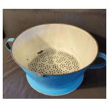 Blue and White Enamelware Colander with Rooster Trademark