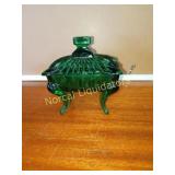VINTAGE GREEN GLASS FOOTED COVERED CANDY DISH.