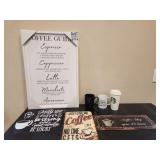 Assorted coffee signs and cups