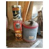 Vintage advertising tins and gas can