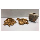 Ceramic Gold Rooster Wall Hangings and Vase K8C