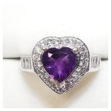 Sterling Silver Amethyst/Cz Heart Ring SJC