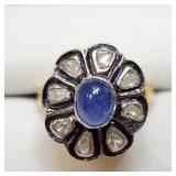 Silver Sapphire Gold Plated Diamond Ring SJC