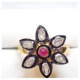 Silver Gold Plated Diamond & Ruby Ring SJC