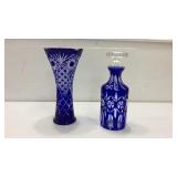 Two Cobalt Cut To Clear Vase & Decanter K15A
