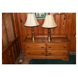 Oak Dresser and 2 Brass Lamps