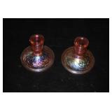 Fenton Pink Iridescent Candlestick Holders