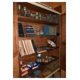 Wood Book Cabinet, Car Manuals, Jars & Etc.