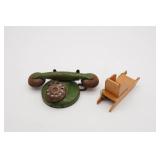 Green Tin Toy Rotary Telephone & Small Sled